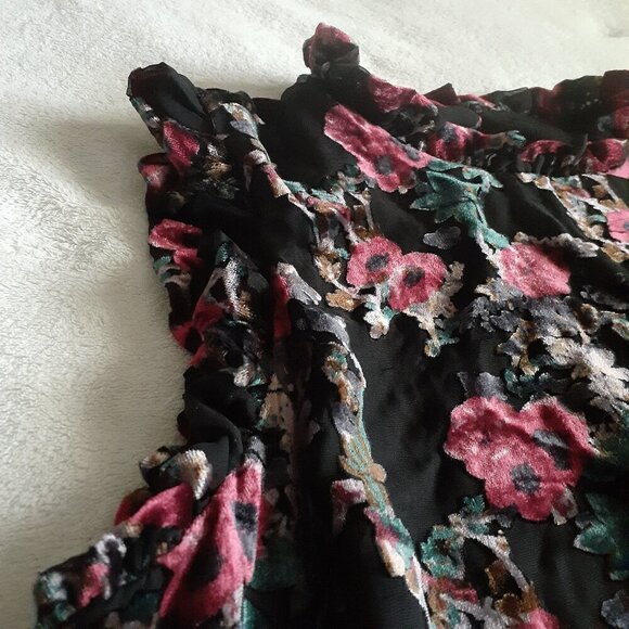 Dalia Women's Size L Black Burnt Velvet Floral Sheer Ruffle Sleeveless Blouse - Picture 3 of 12